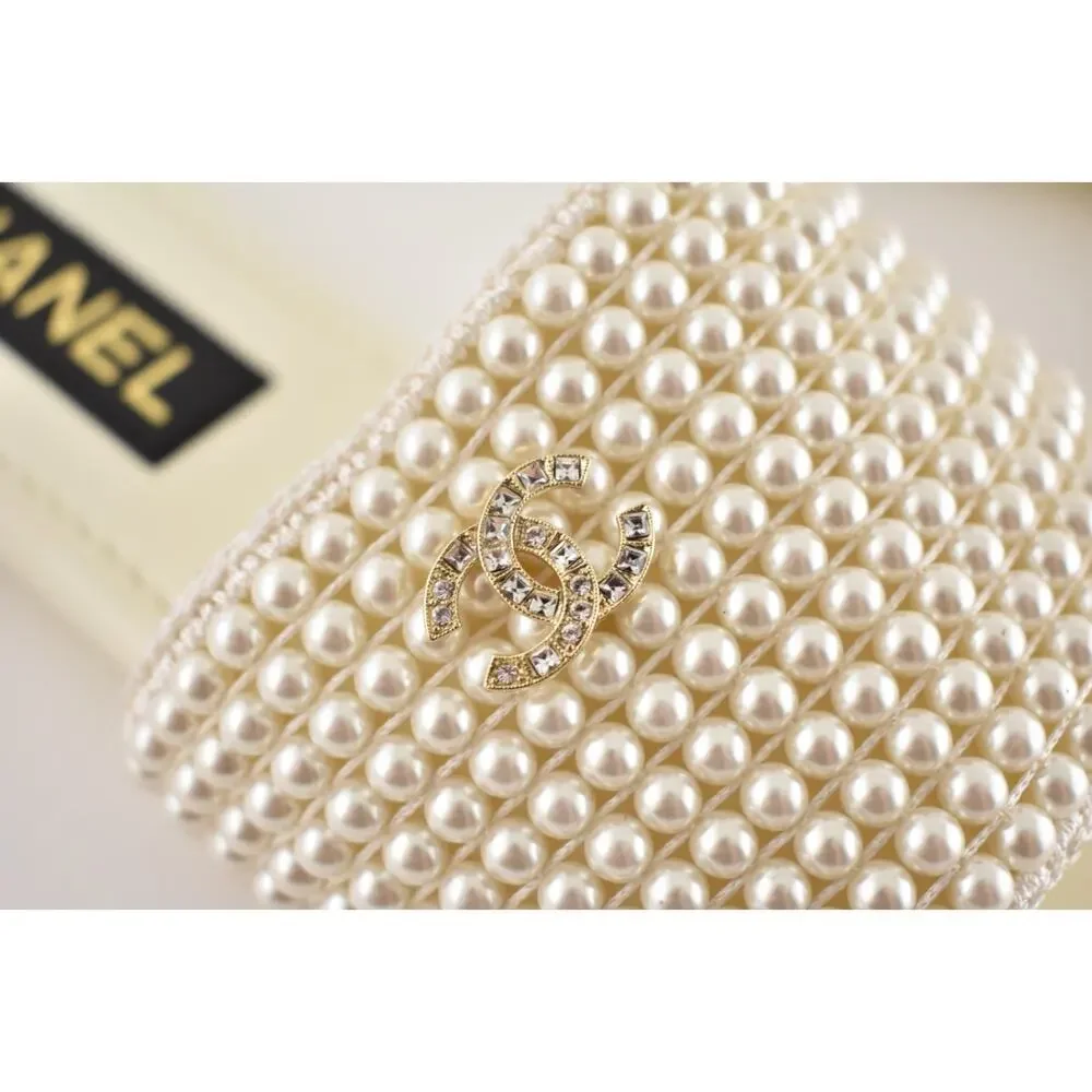 Chanel 25P Ivory White Pearl Embroidery CC Logo Slide Slip Sandal Mule Flat 36.5